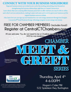 Flyer for Chamber Meet & Greet at Hogan's Cider Mill in Burlington, CT on April 4, 2024.