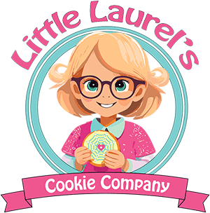 Little Laurel's Cookie Company logo in pink and turquoise.